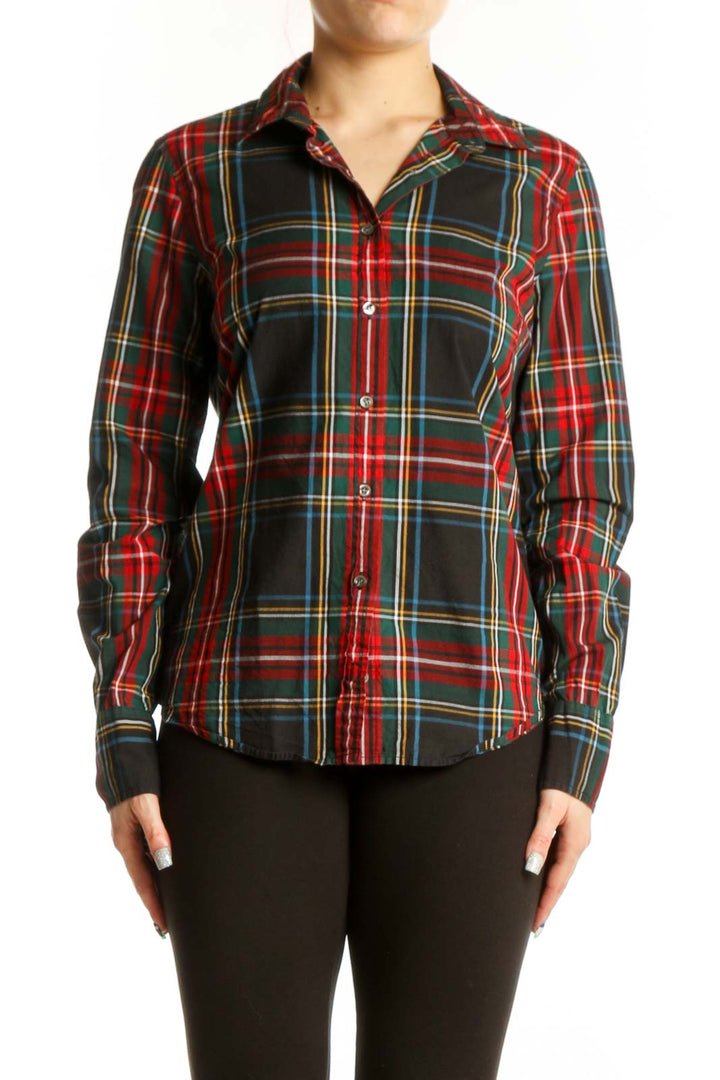 Red and black plaid cotton button-up shirt by J.Crew, front view on model