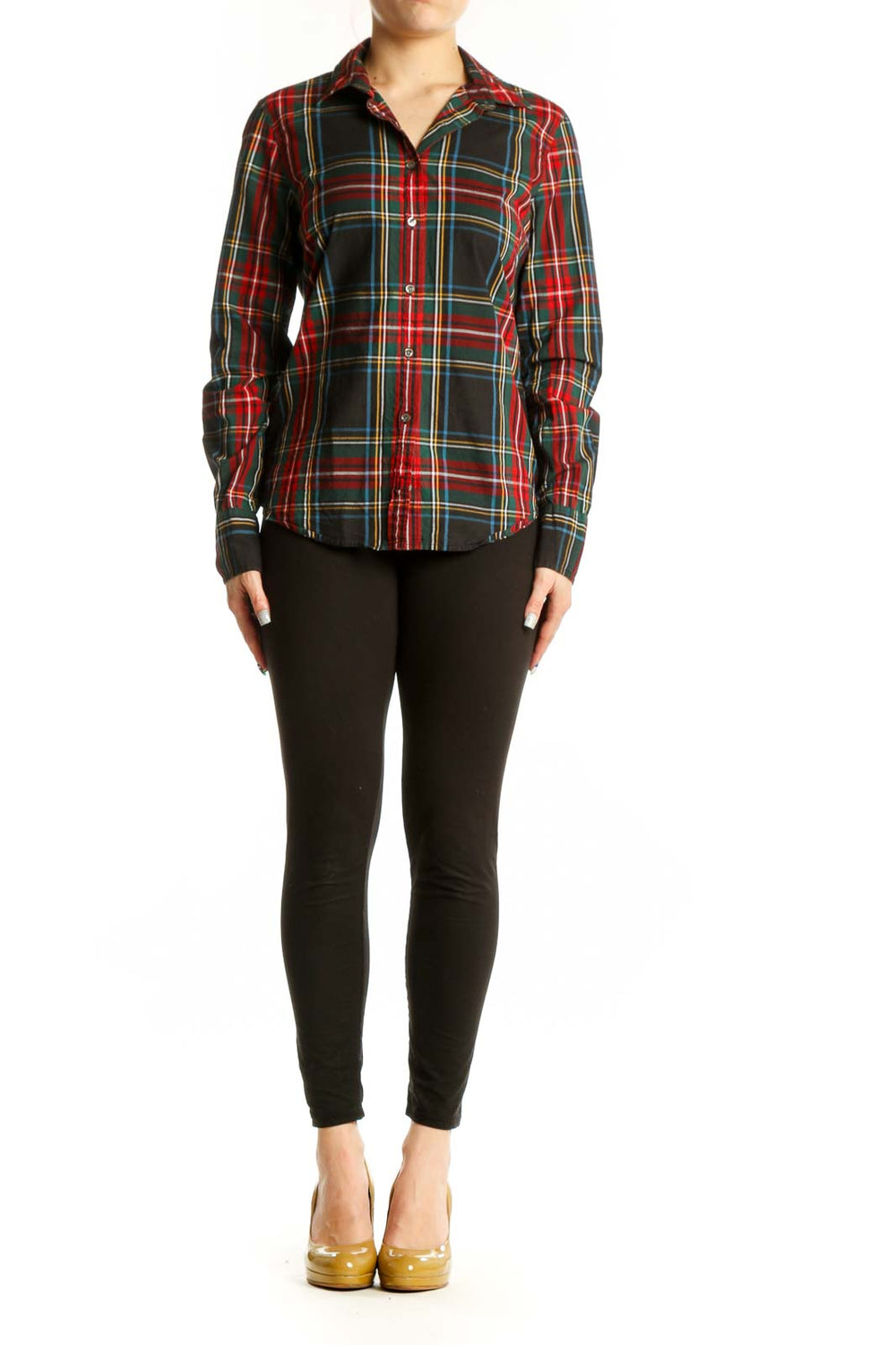 Red and black plaid cotton button-up shirt by J.Crew, front view on model