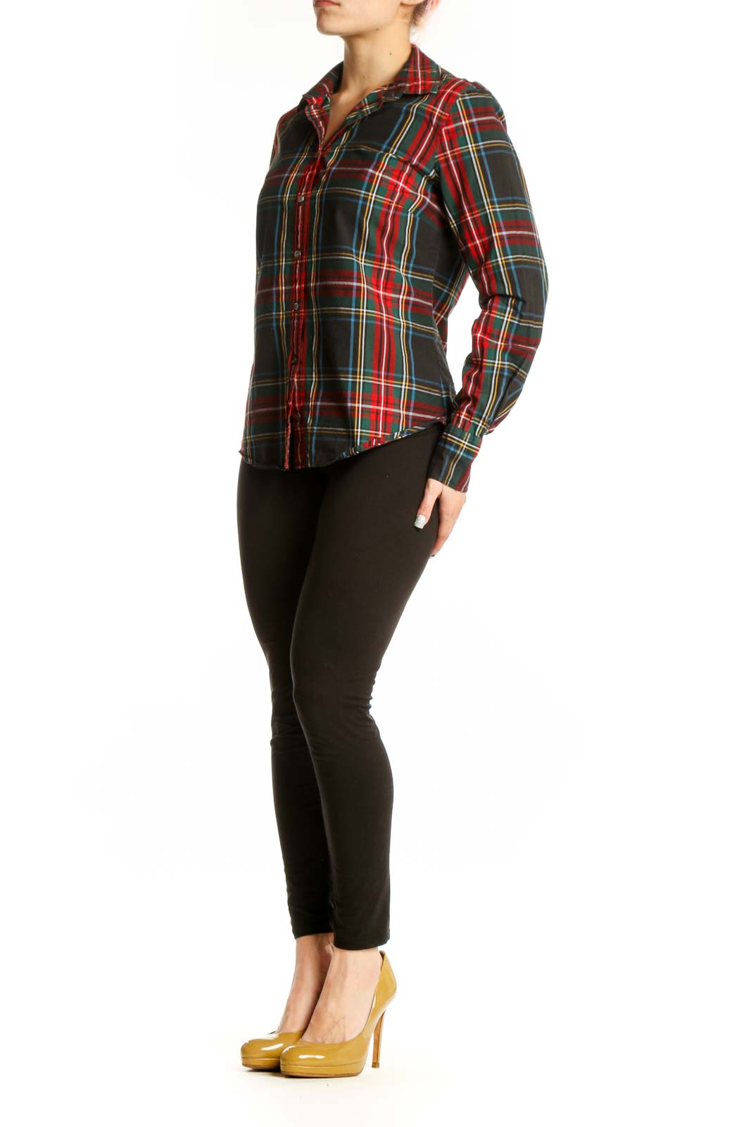 Red and black plaid cotton button-up shirt by J.Crew, front view on model