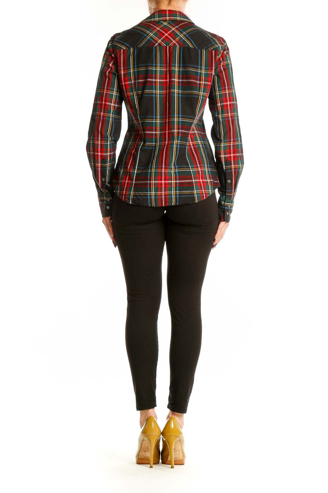 Red and black plaid cotton button-up shirt by J.Crew, back view on model