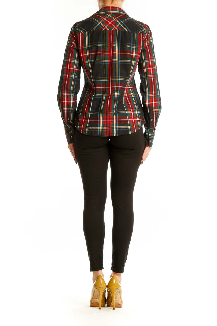 Red and black plaid cotton button-up shirt by J.Crew, back view on model