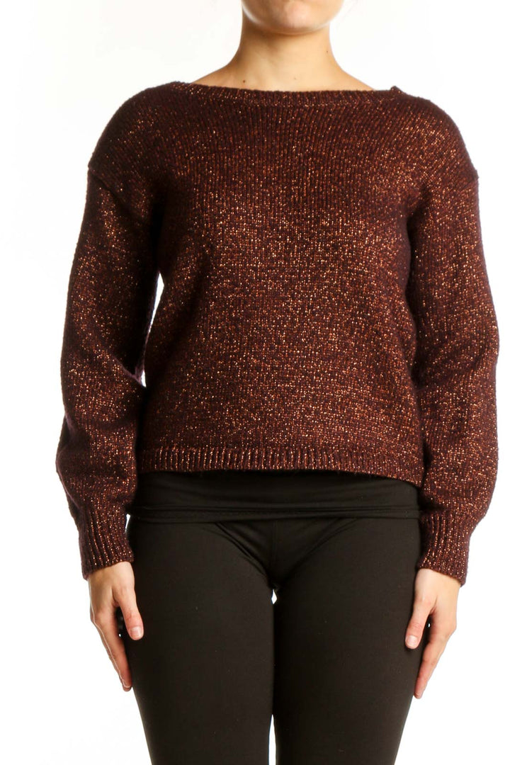 Front view of burgundy metallic knit pullover sweater with long sleeves and crew neckline
