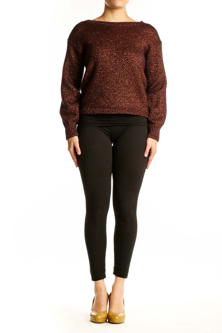 Front view of burgundy metallic knit pullover sweater with long sleeves and crew neckline