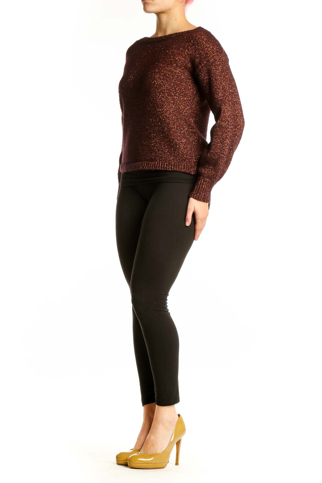 Front view of burgundy metallic knit pullover sweater with long sleeves and crew neckline