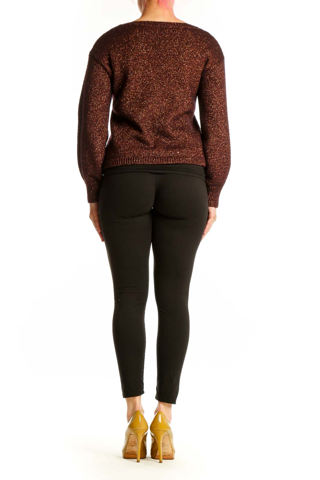 Back view of burgundy metallic knit pullover sweater showing cropped length and fitted silhouette