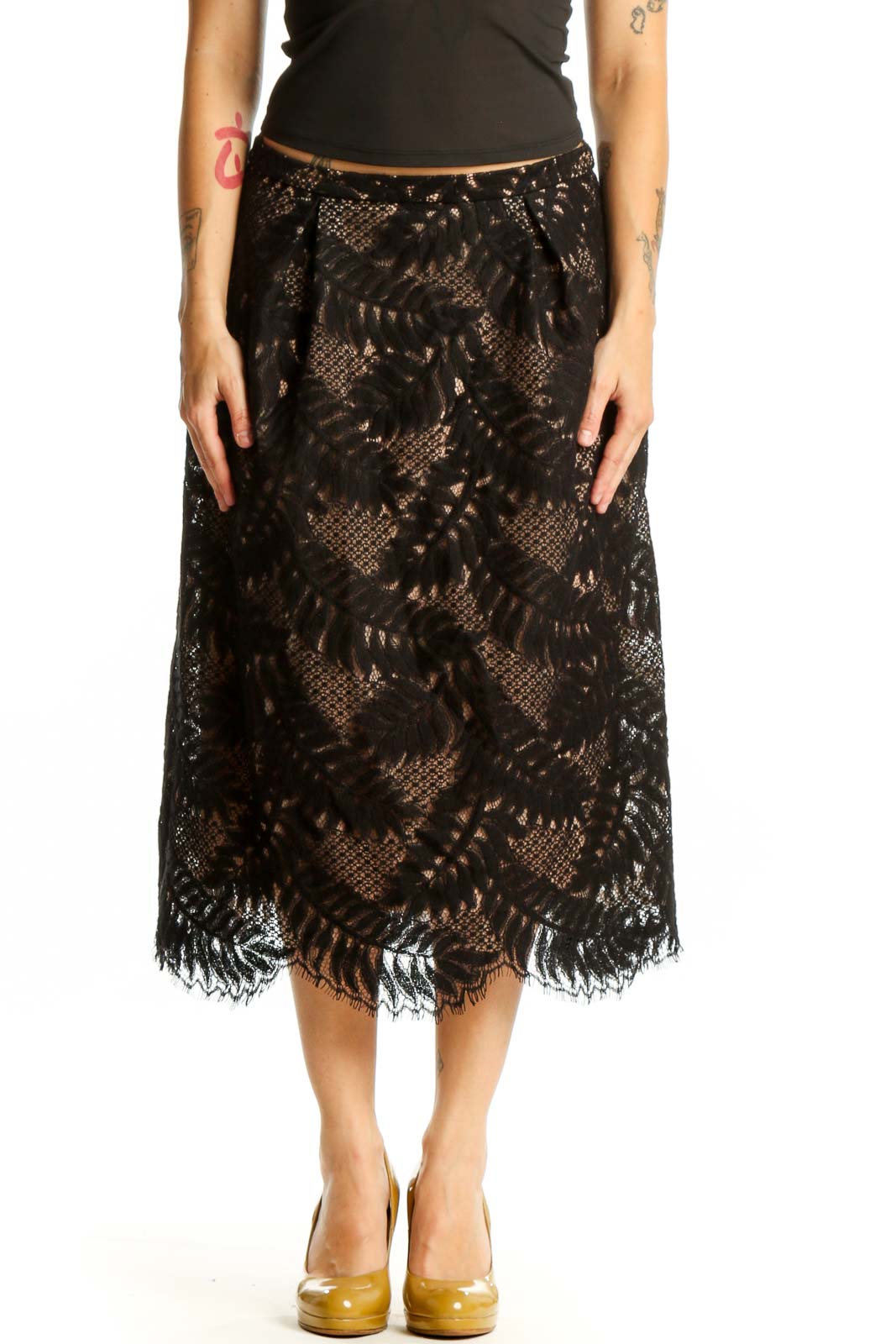 Black lace midi skirt with fringe hem and A-line silhouette, front view