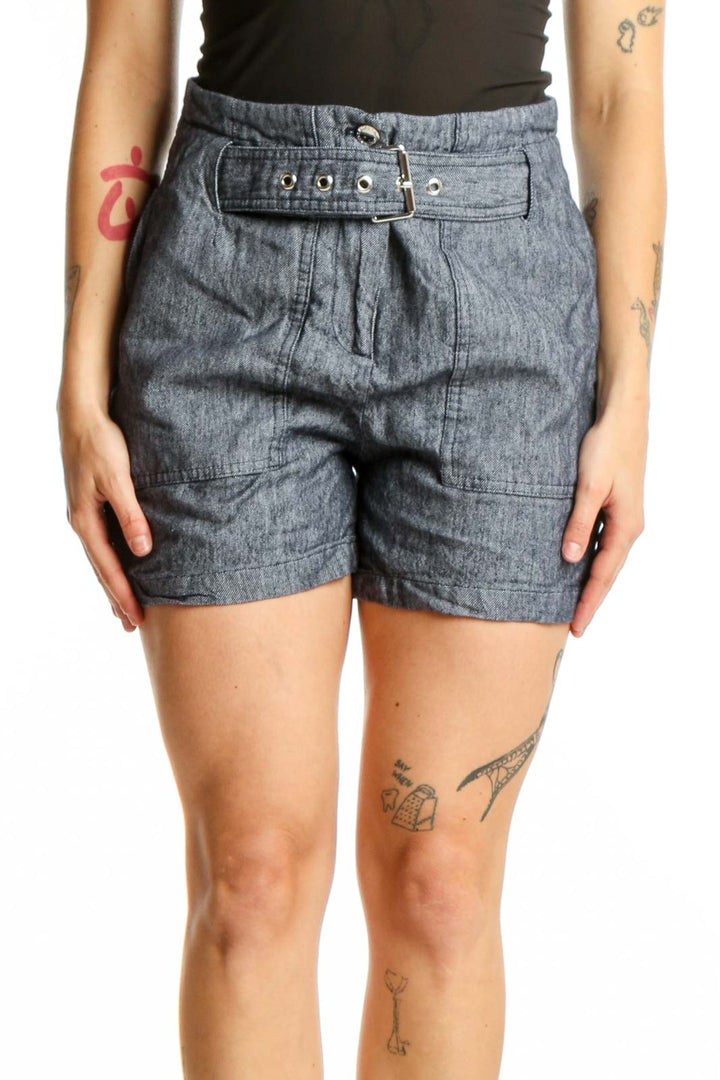 Blue denim shorts with belt detail by Karl Lagerfeld Paris, front view on model