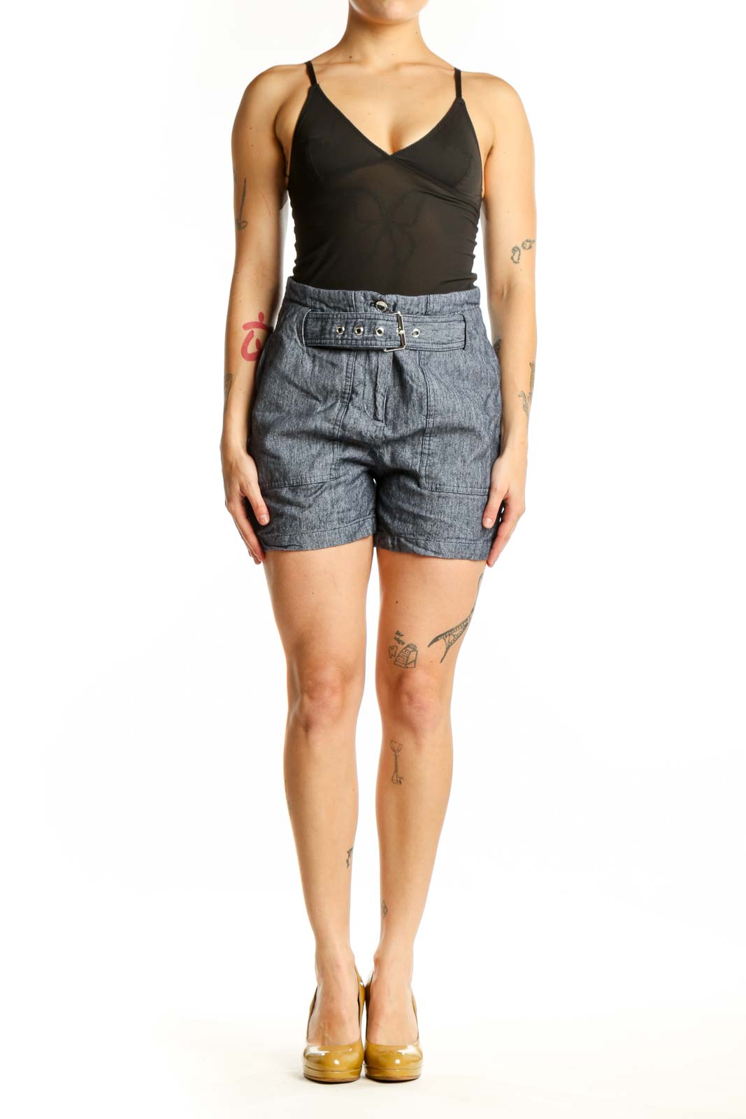 Blue denim shorts with belt detail by Karl Lagerfeld Paris, front view on model