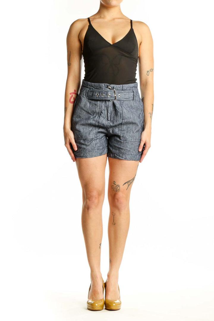 Blue denim shorts with belt detail by Karl Lagerfeld Paris, front view on model