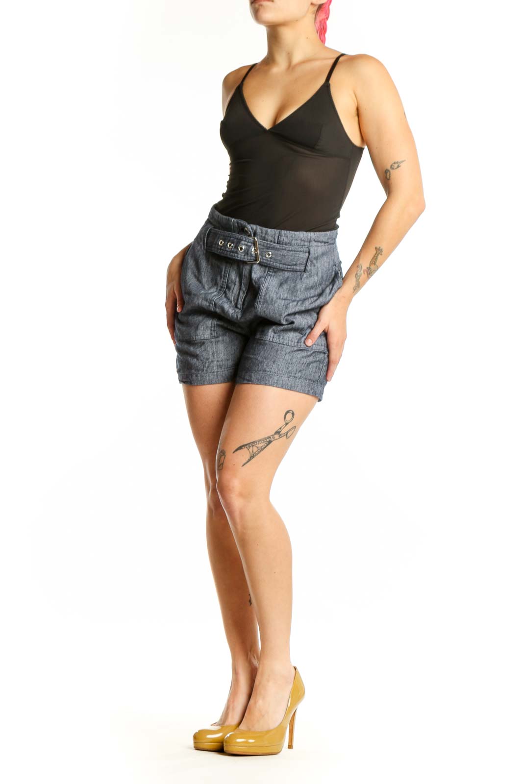 Blue denim shorts with belt detail by Karl Lagerfeld Paris, front view on model