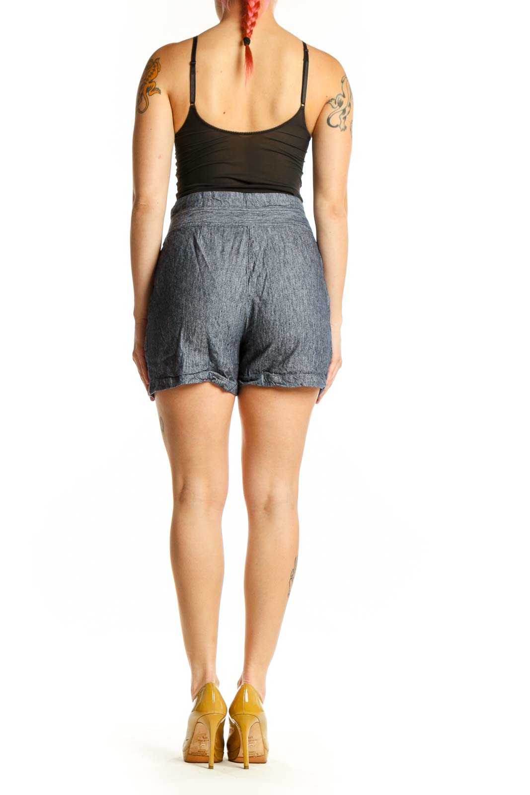Blue denim shorts with belt detail by Karl Lagerfeld Paris, back view on model