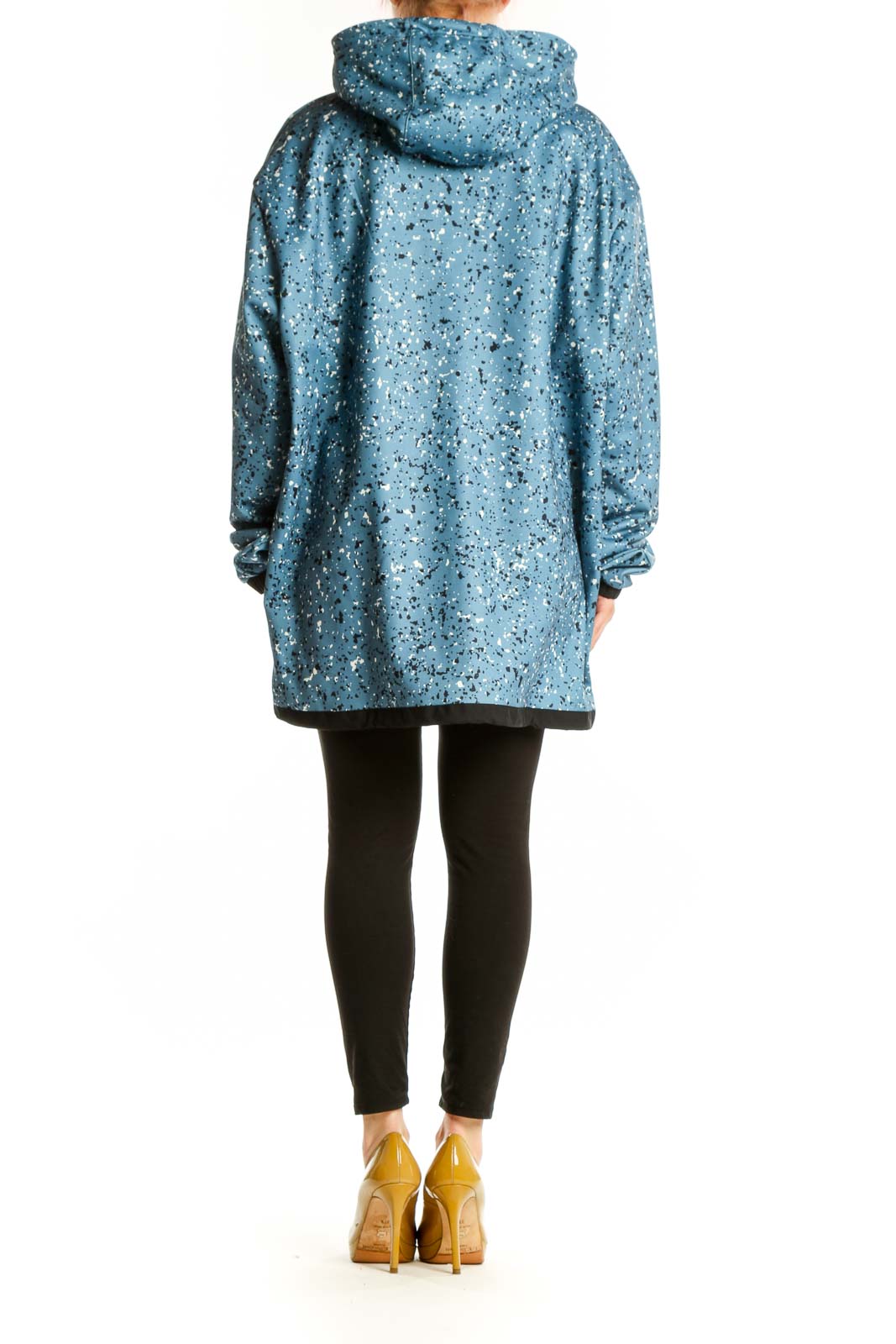 Adidas blue speckled cropped hooded jacket with drawstring hood and black contrast panel, back view on model