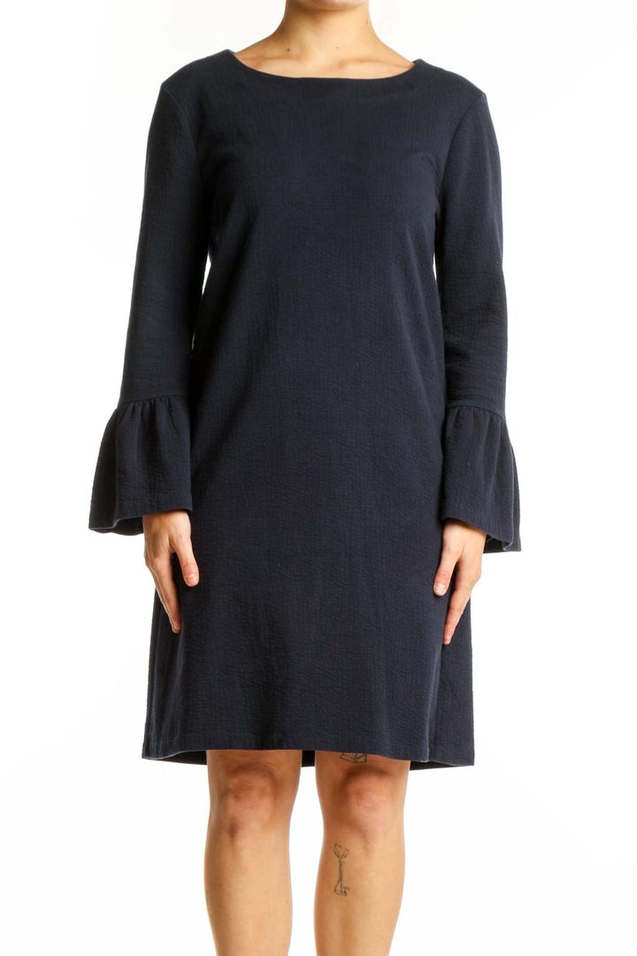 Navy bell sleeve dress with crew neckline and A-line silhouette, front view