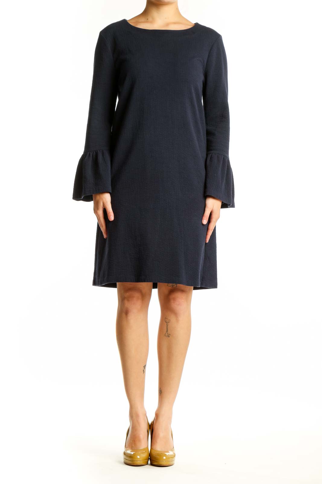 Navy bell sleeve dress with crew neckline and A-line silhouette, front view