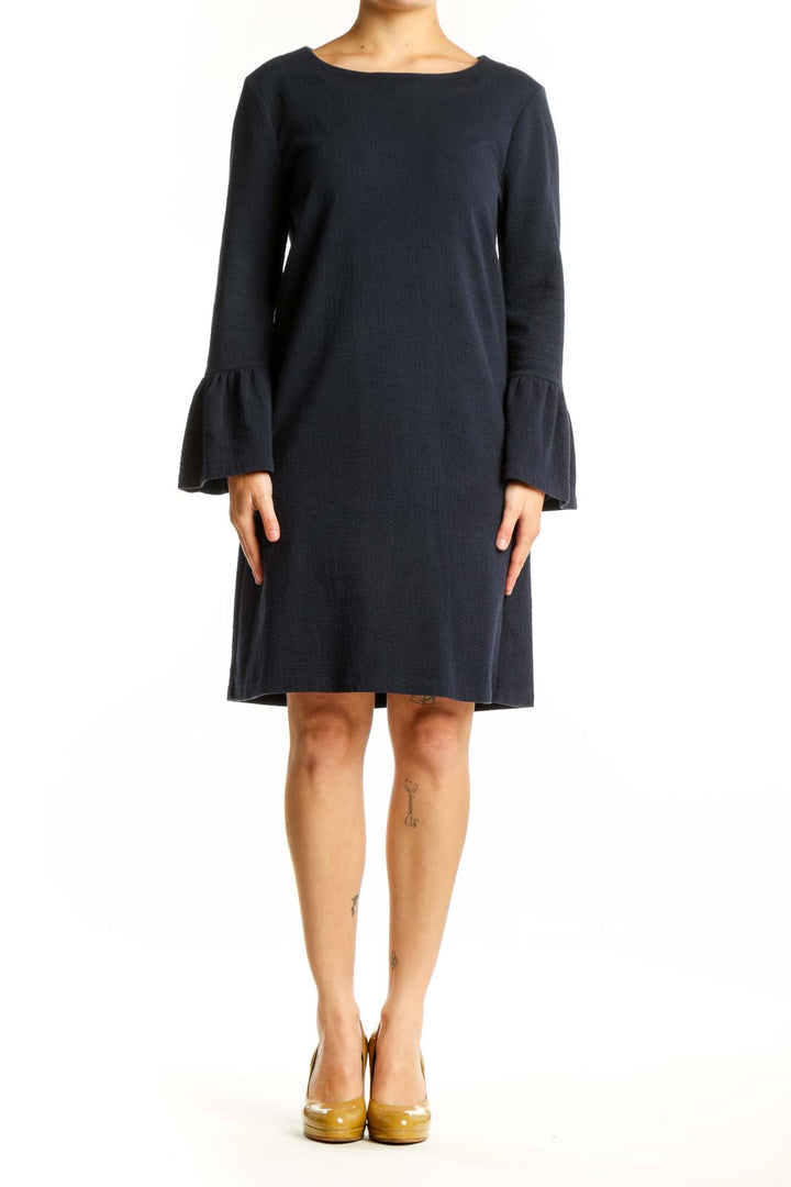 Navy bell sleeve dress with crew neckline and A-line silhouette, front view