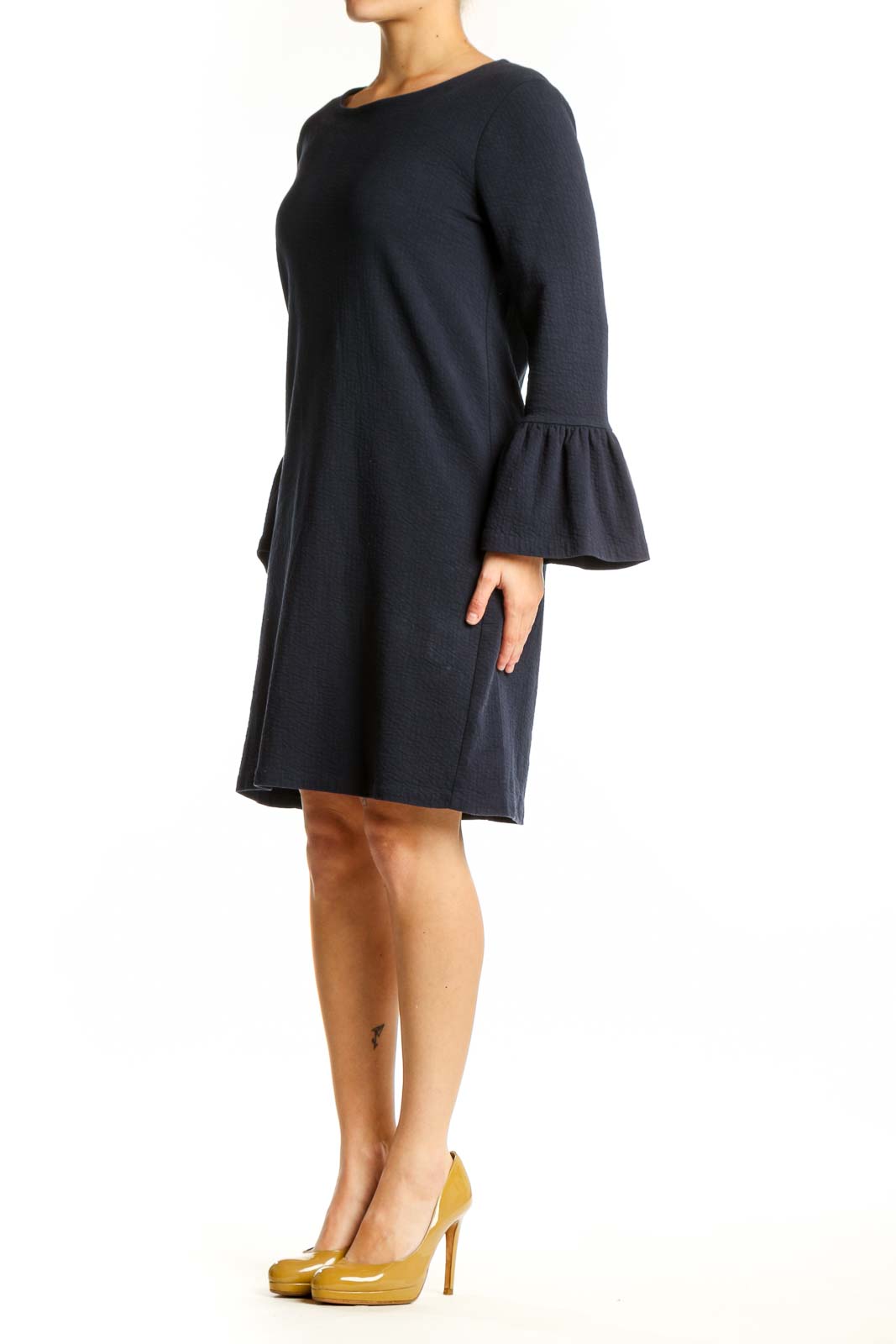 Navy bell sleeve dress with crew neckline and A-line silhouette, front view