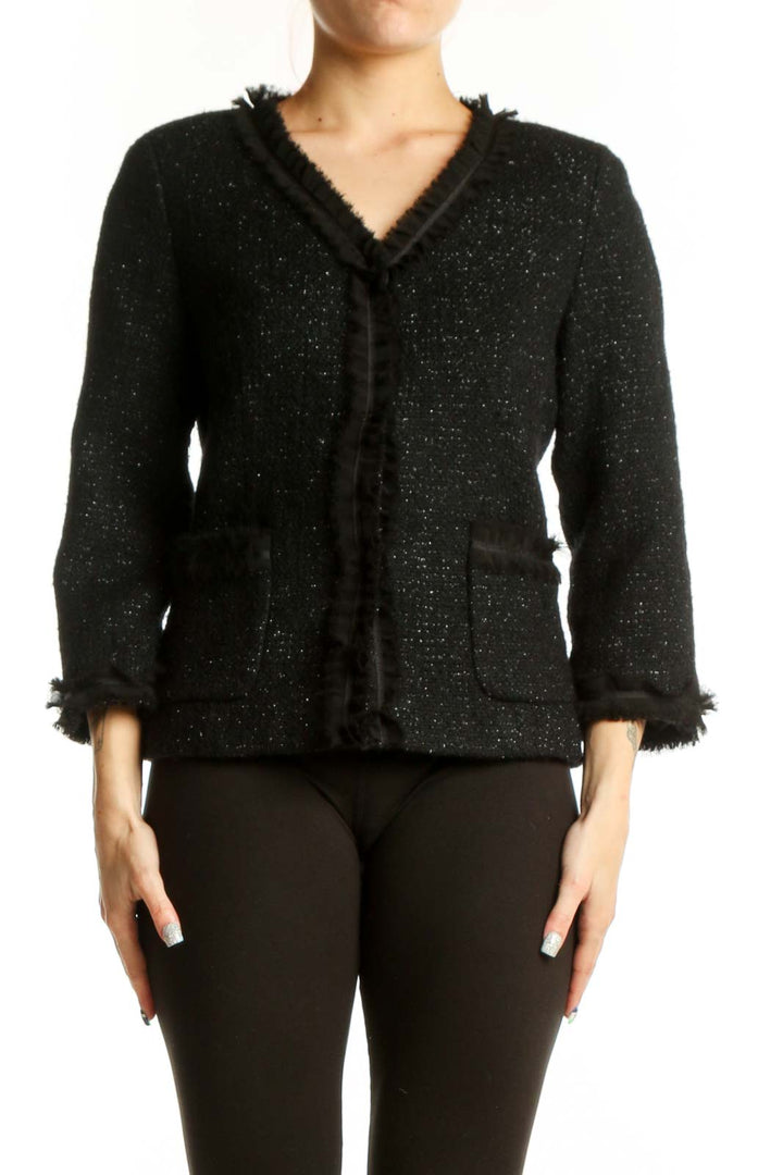 Black sparkle wool blend jacket with V-neckline and frayed trim detailing, front view
