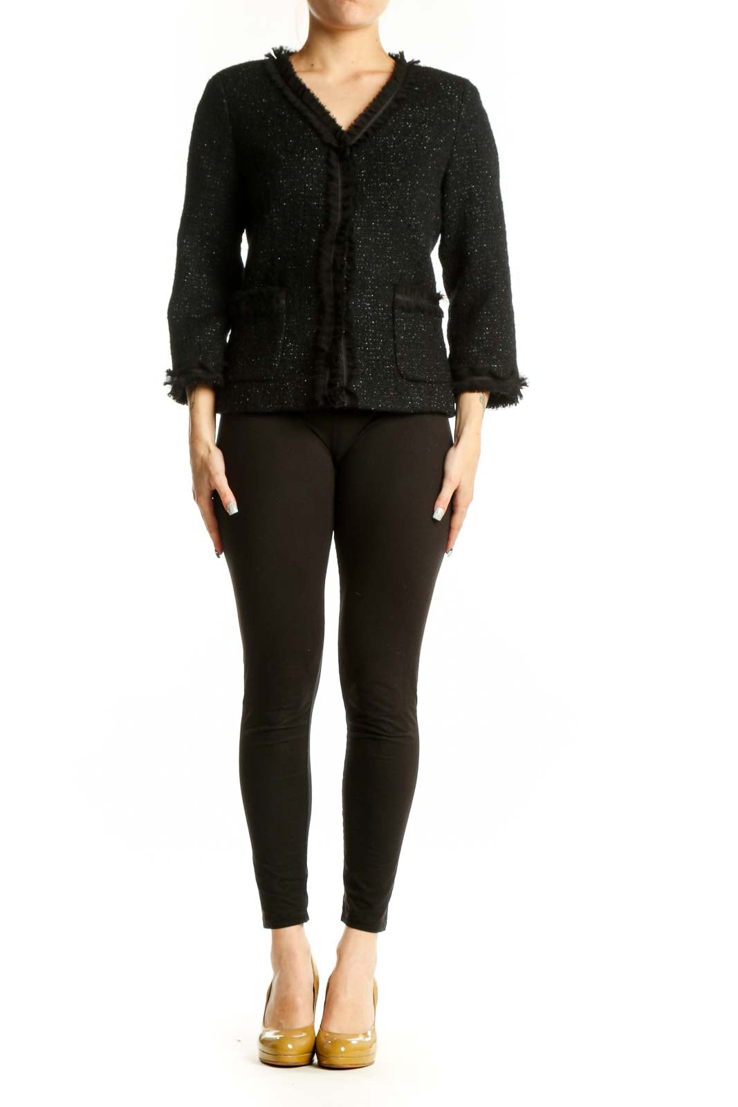 Black sparkle wool blend jacket with V-neckline and frayed trim detailing, front view