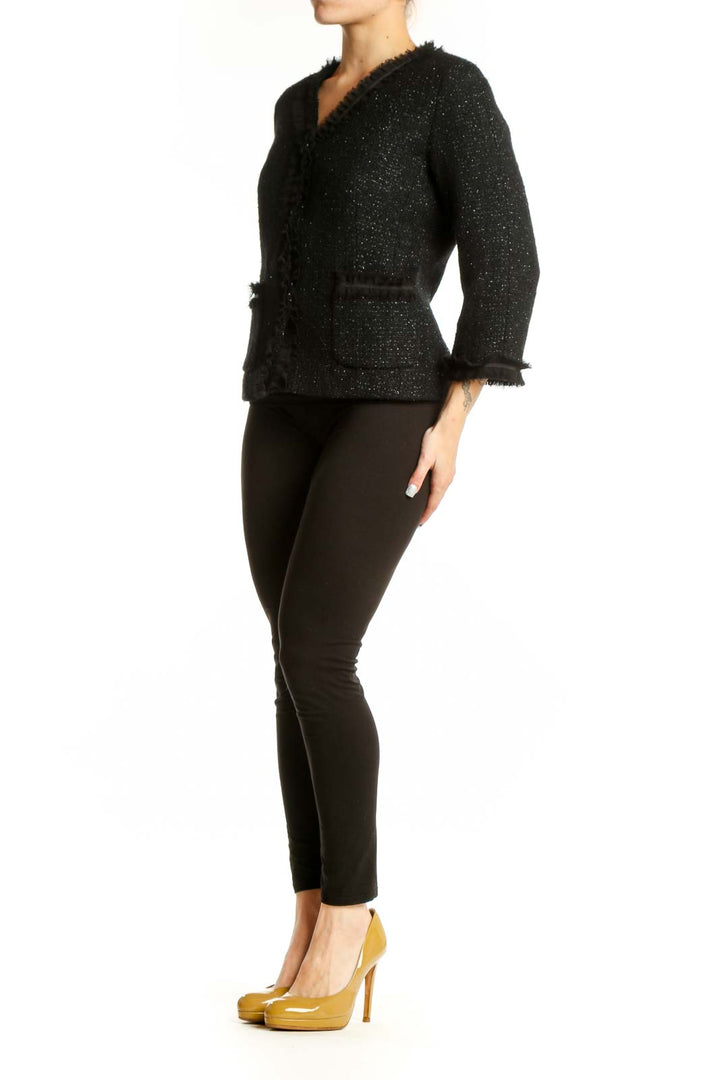 Black sparkle wool blend jacket with V-neckline and frayed trim detailing, front view