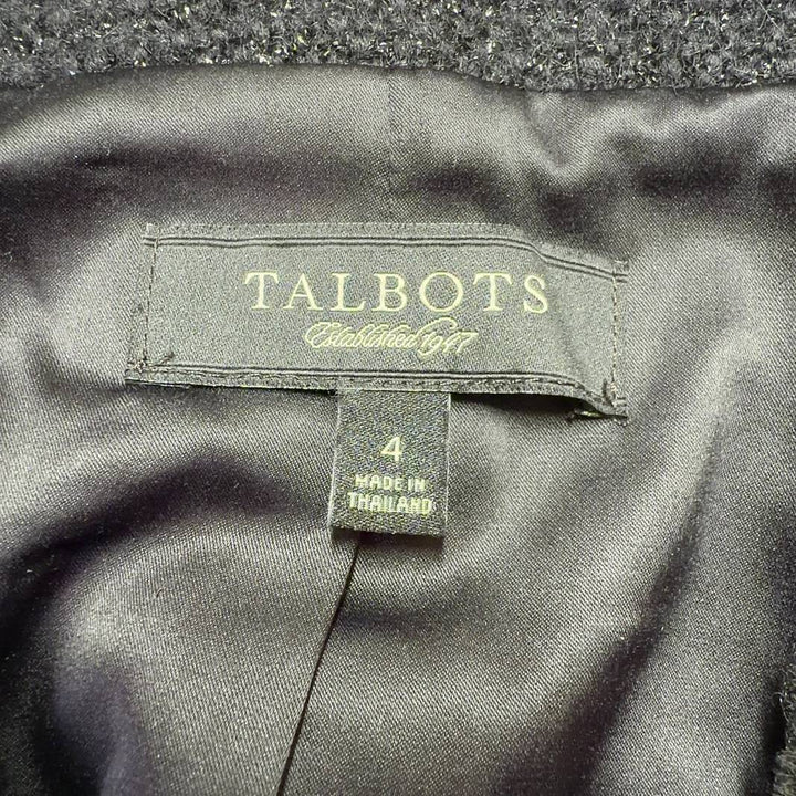 Black sparkle wool blend jacket with three-quarter sleeves and frayed trim, back view