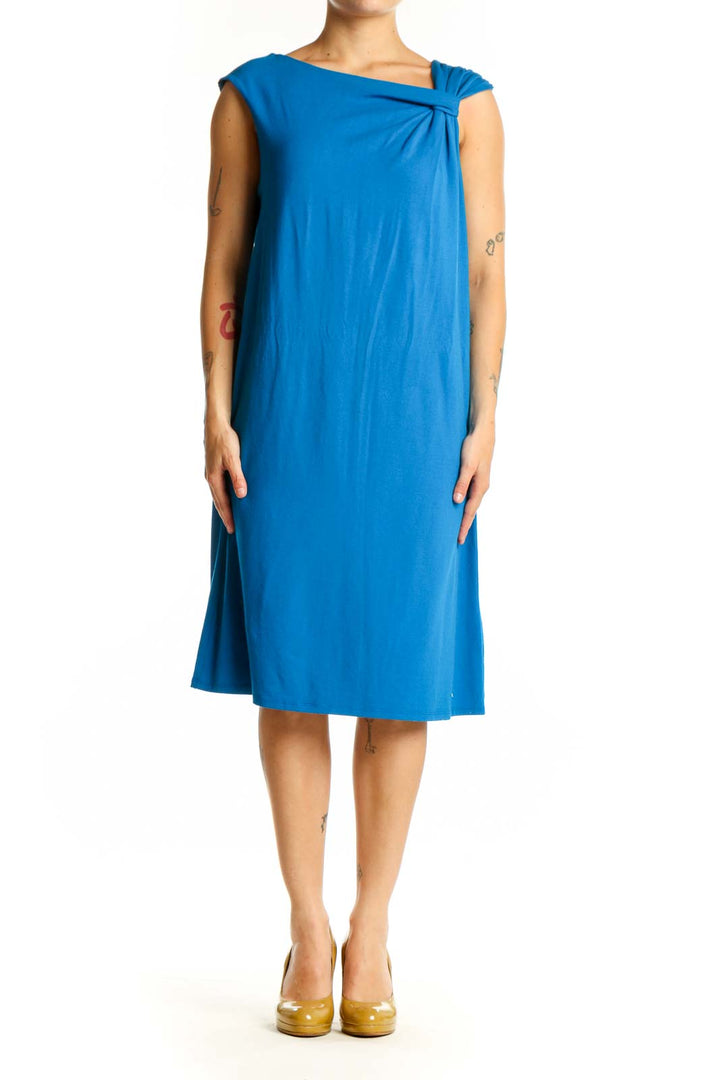 Blue twisted shoulder shift dress front view, Ann Taylor size L with asymmetrical neckline