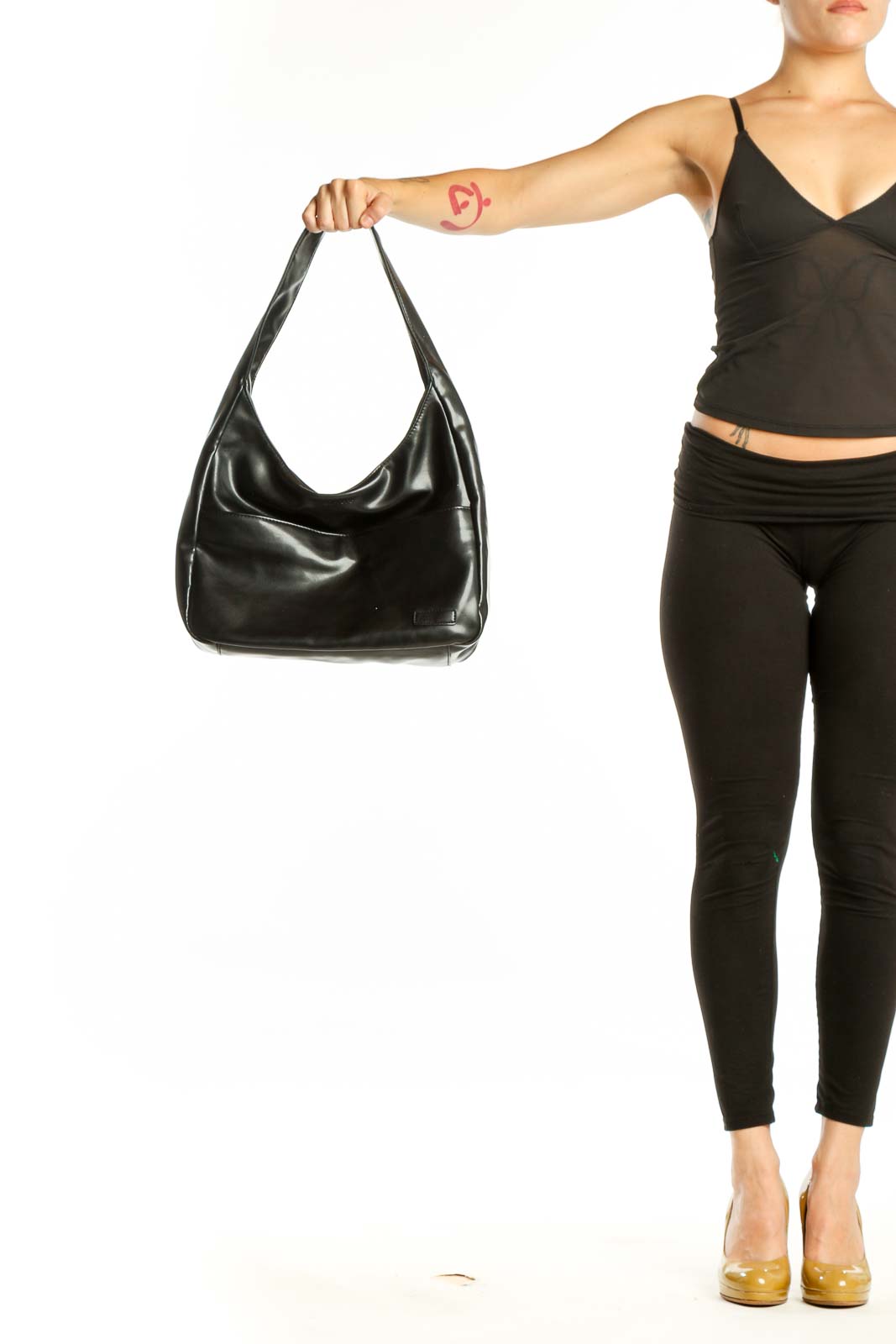 Black leather hobo shoulder bag with comfortable shoulder straps, front view