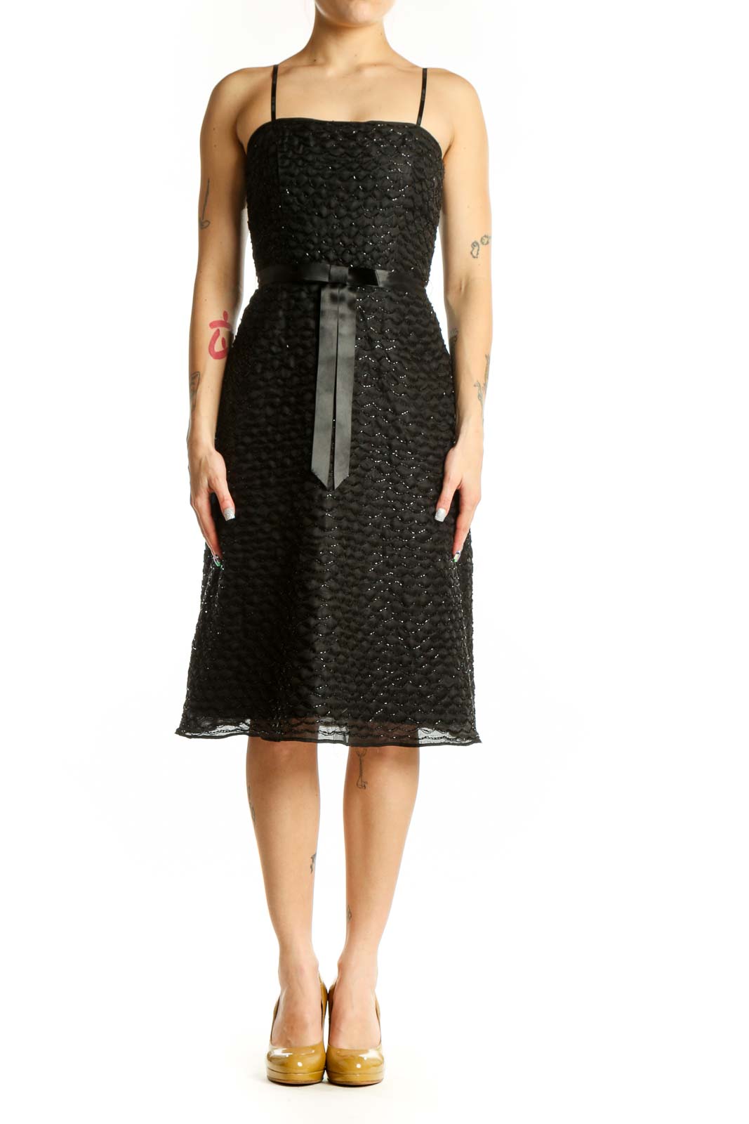 Black sequin strapless cocktail dress with silk ribbon belt, front view