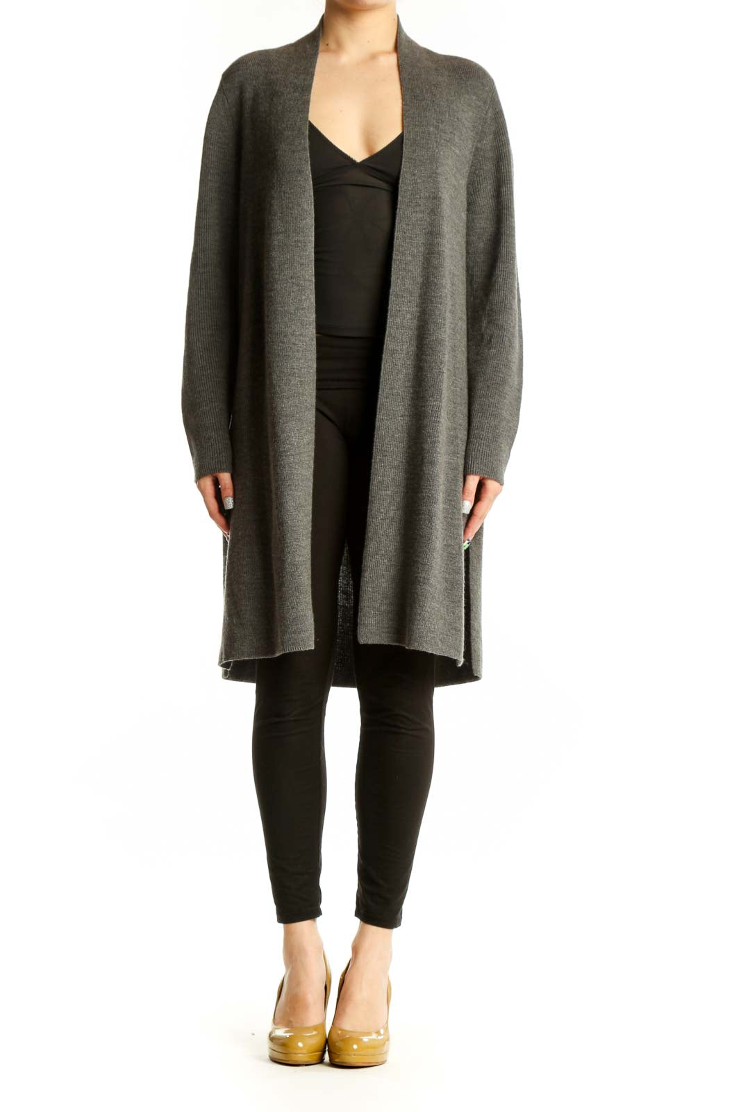 Gray merino wool open cardigan by Eileen Fisher worn over black top, front view