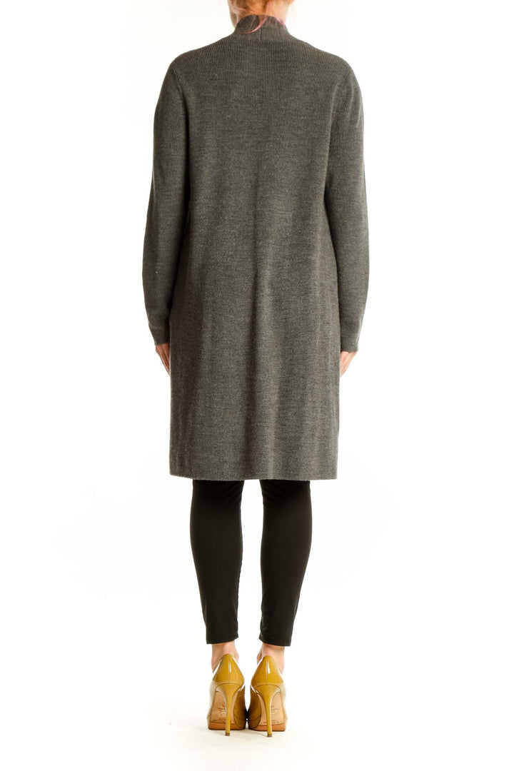 Gray merino wool open cardigan by Eileen Fisher, back view showing relaxed fit and drape