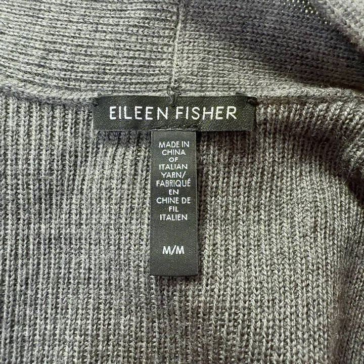 Gray merino wool open cardigan by Eileen Fisher, back view showing relaxed fit and drape