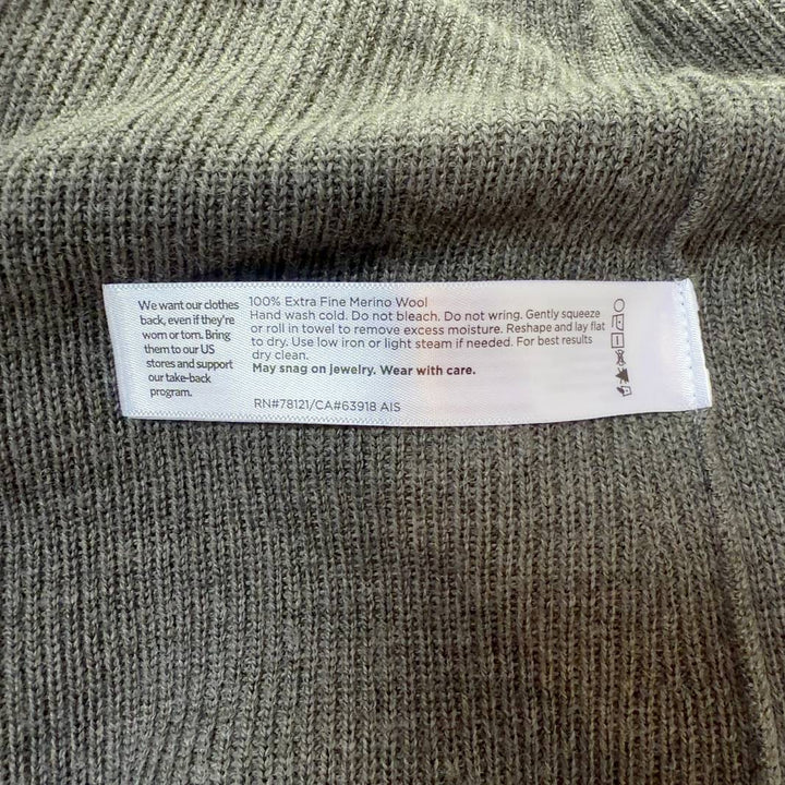Gray merino wool open cardigan by Eileen Fisher, back view showing relaxed fit and drape