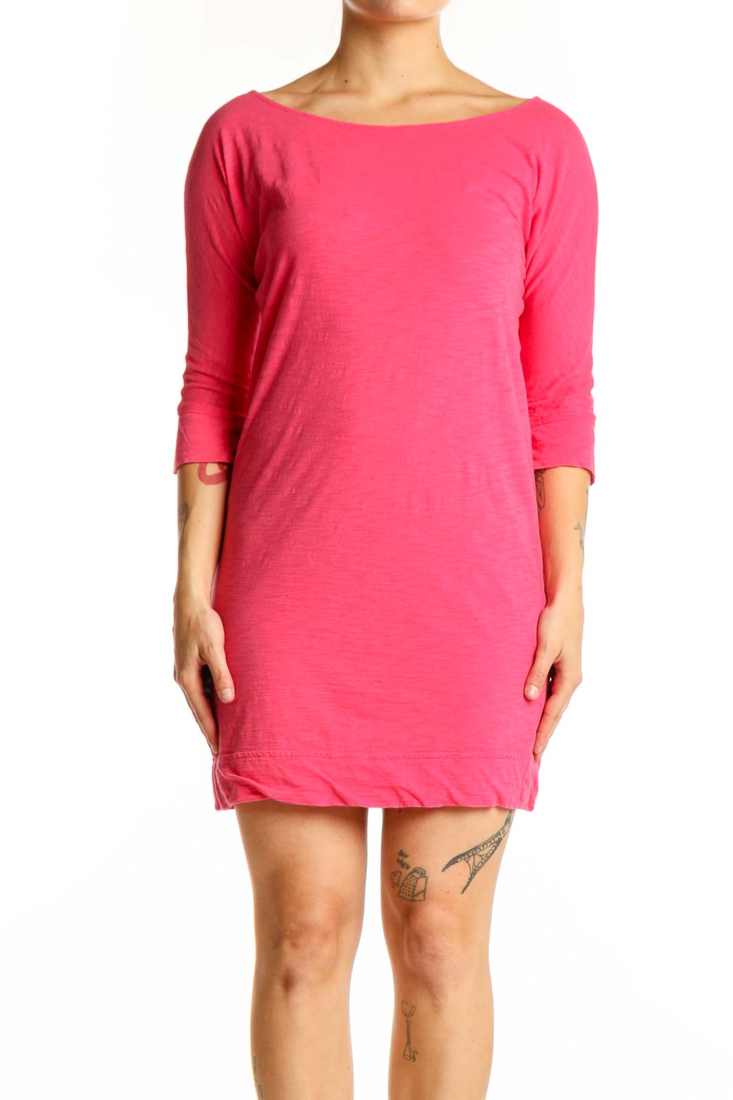 Front view of pink Pima cotton knit dress with boat neckline and three-quarter sleeves
