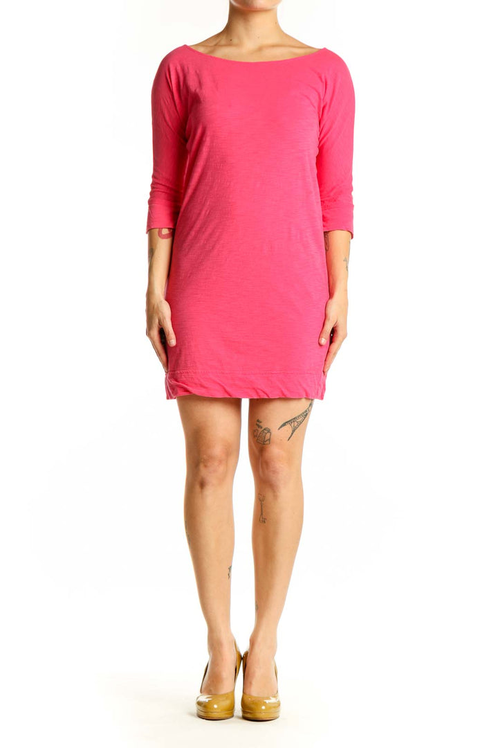 Front view of pink Pima cotton knit dress with boat neckline and three-quarter sleeves