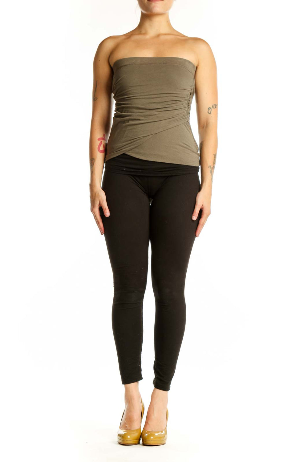 Olive green strapless ruched top with wrap-style design, front view on model