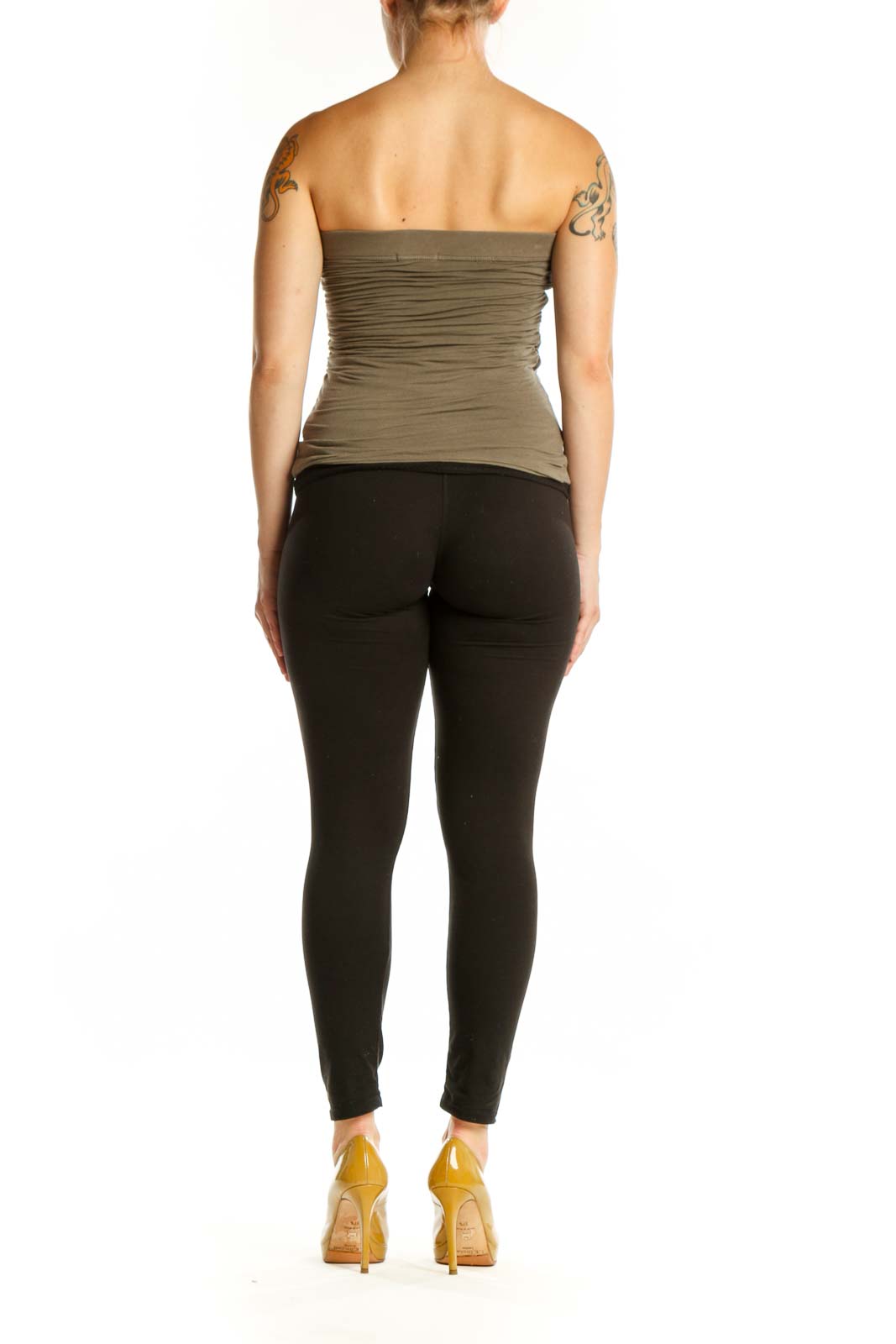 Olive green strapless ruched top back view, showing elegant ruching detail