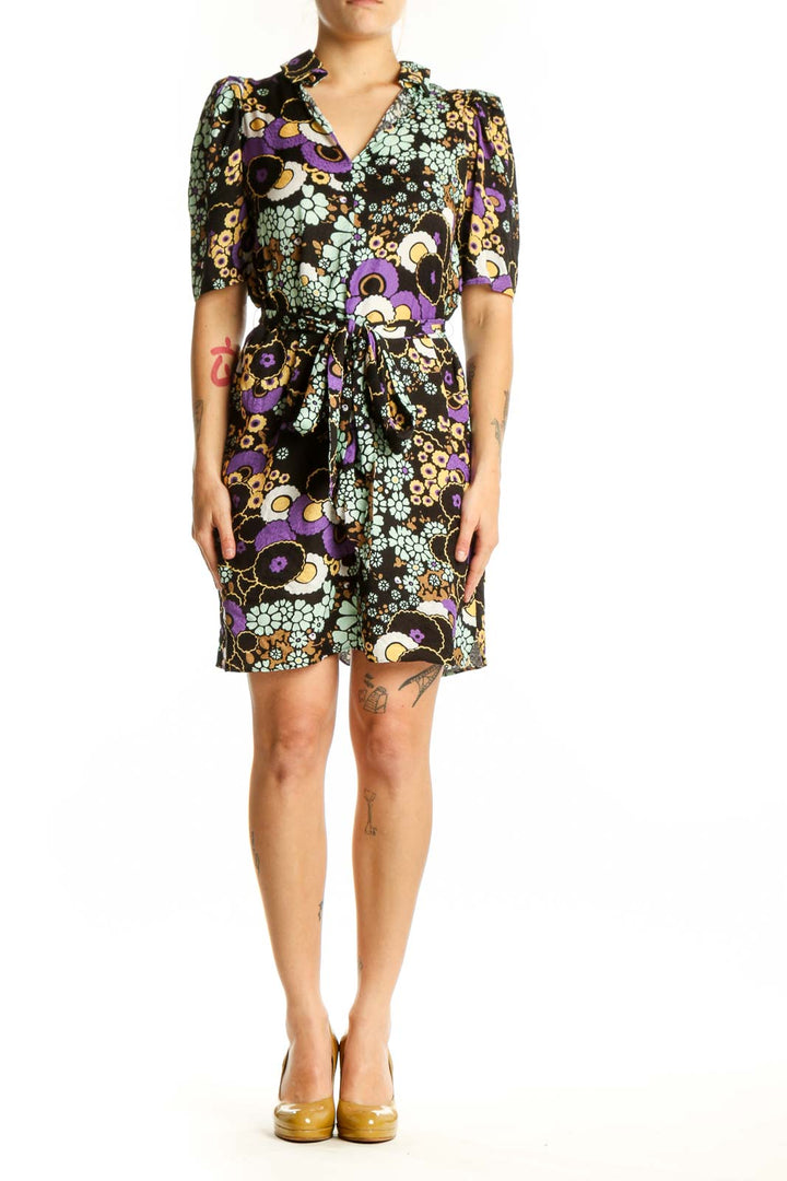 Black floral wrap dress with multicolor flowers and puffed sleeves, front view
