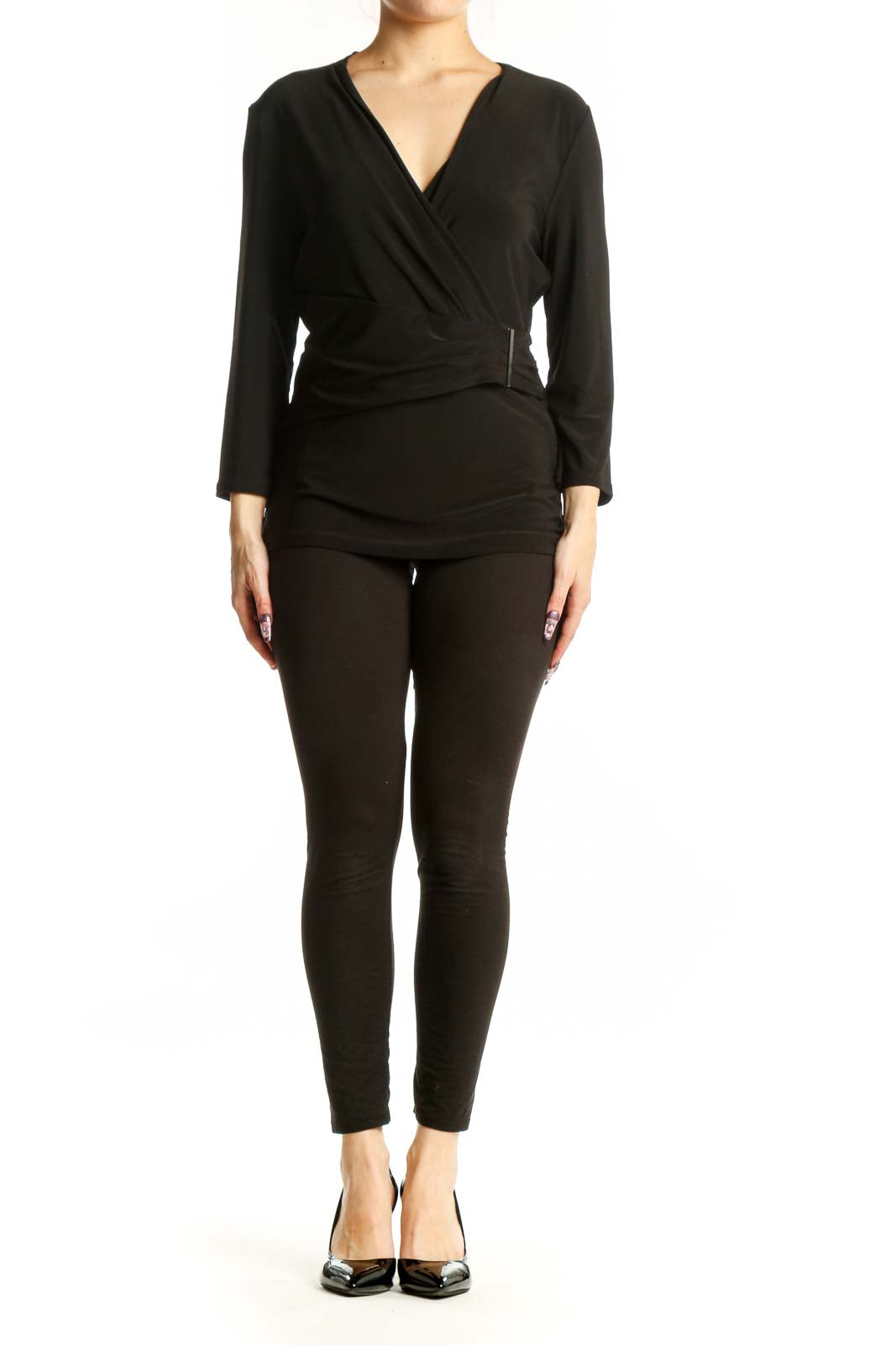 Black wrap long sleeve top with V-neckline and metallic waist detail, front view