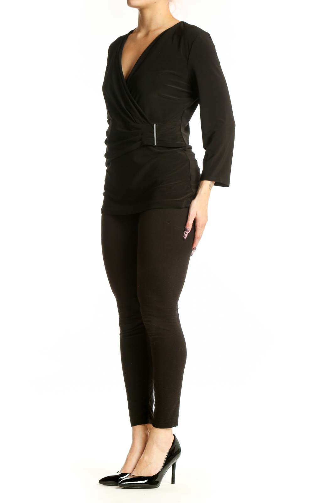 Black wrap long sleeve top with V-neckline and metallic waist detail, front view
