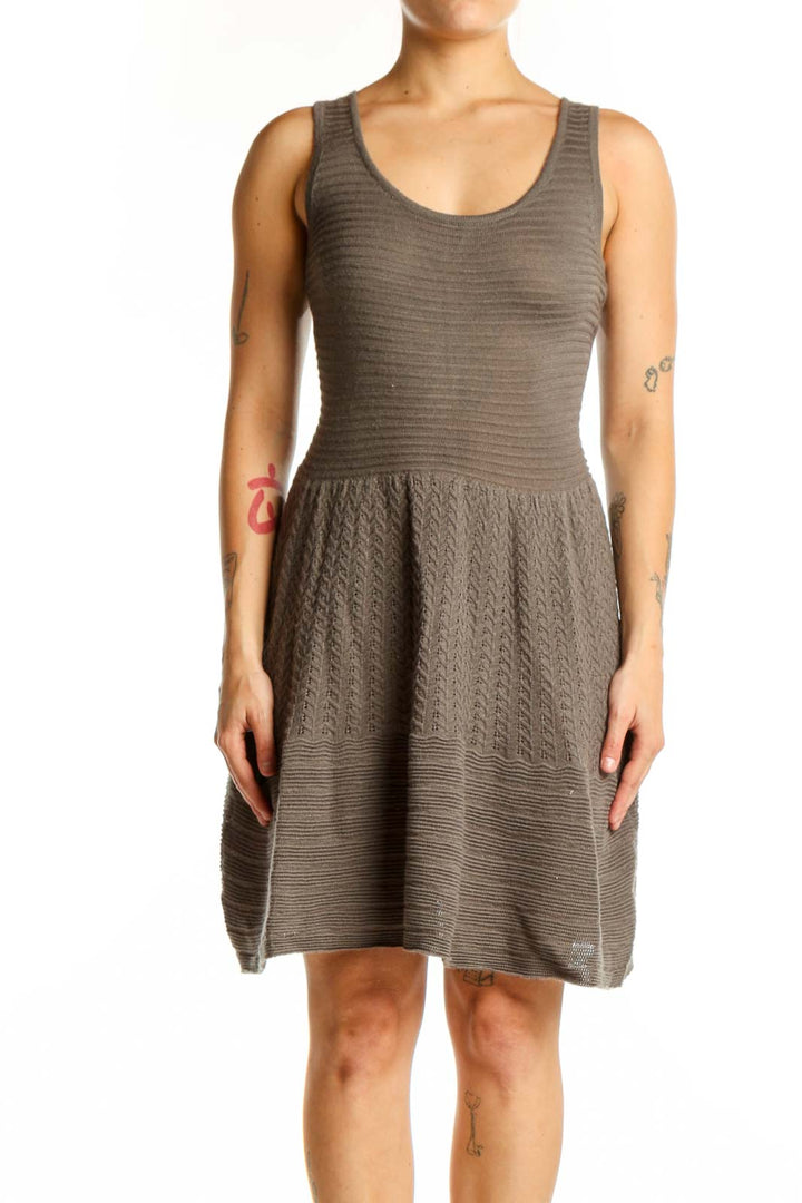 Gray ribbed knit tank dress with pleated skirt front view