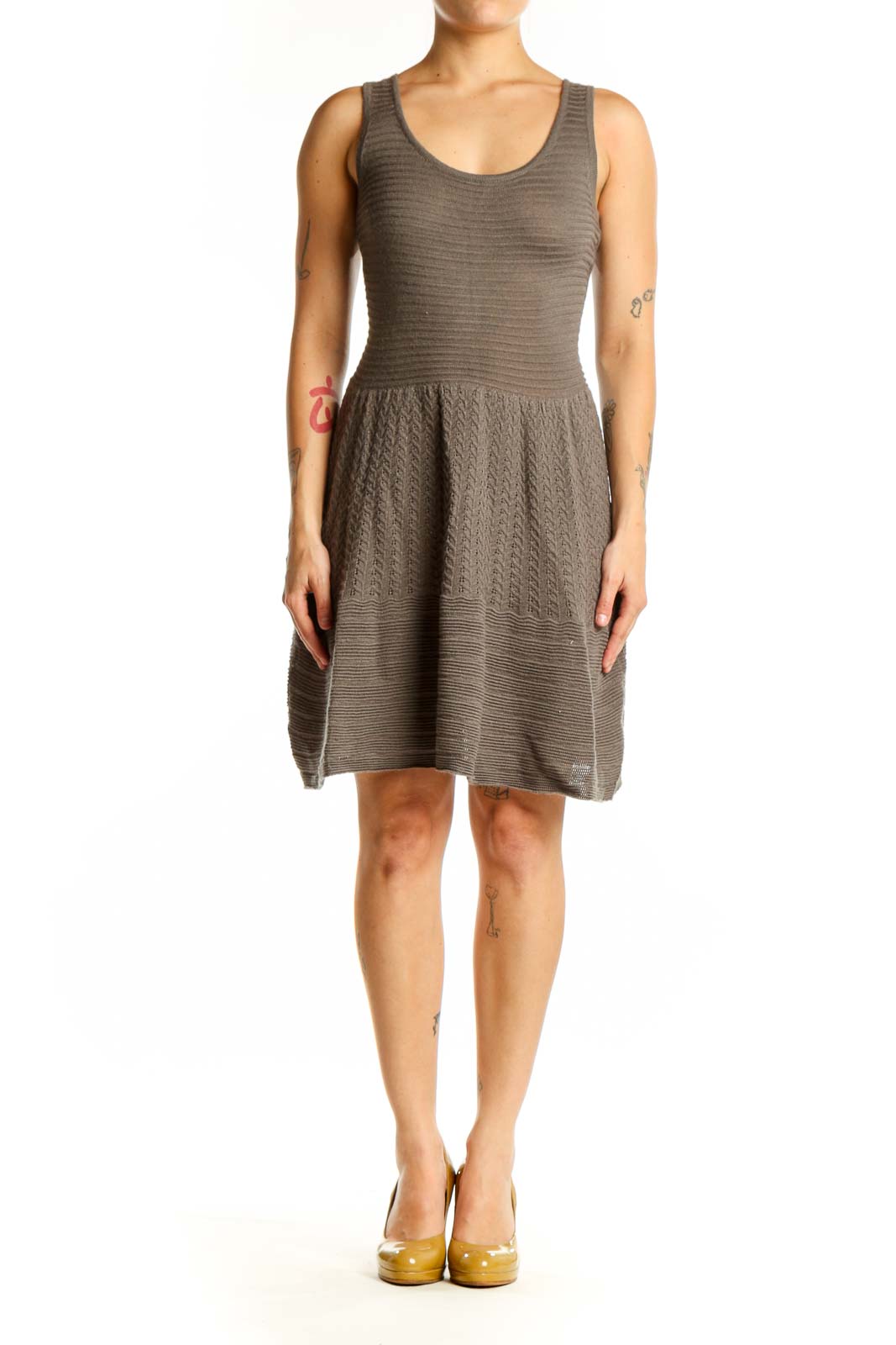 Gray ribbed knit tank dress with pleated skirt front view