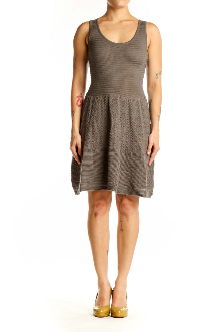 Gray ribbed knit tank dress with pleated skirt front view
