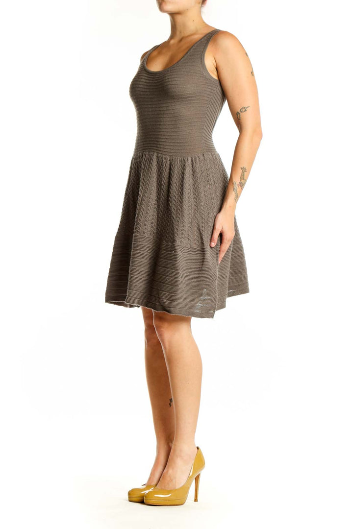 Gray ribbed knit tank dress with pleated skirt front view