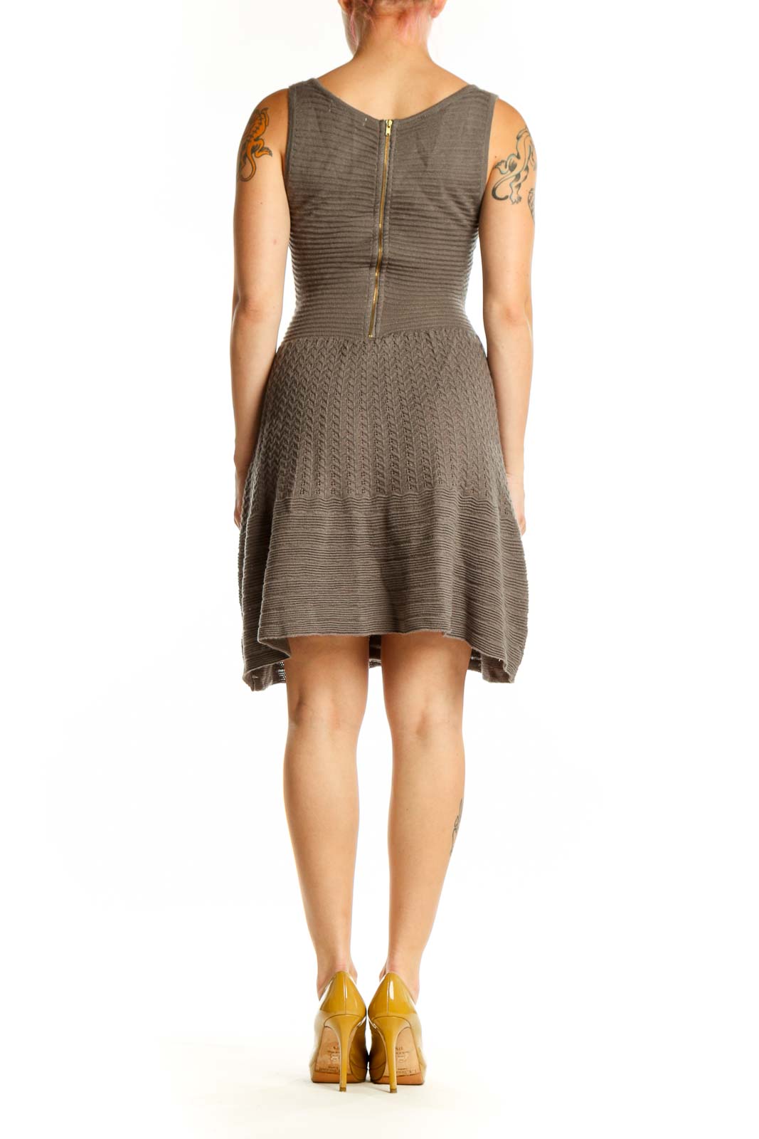 Gray ribbed knit tank dress with pleated skirt back view