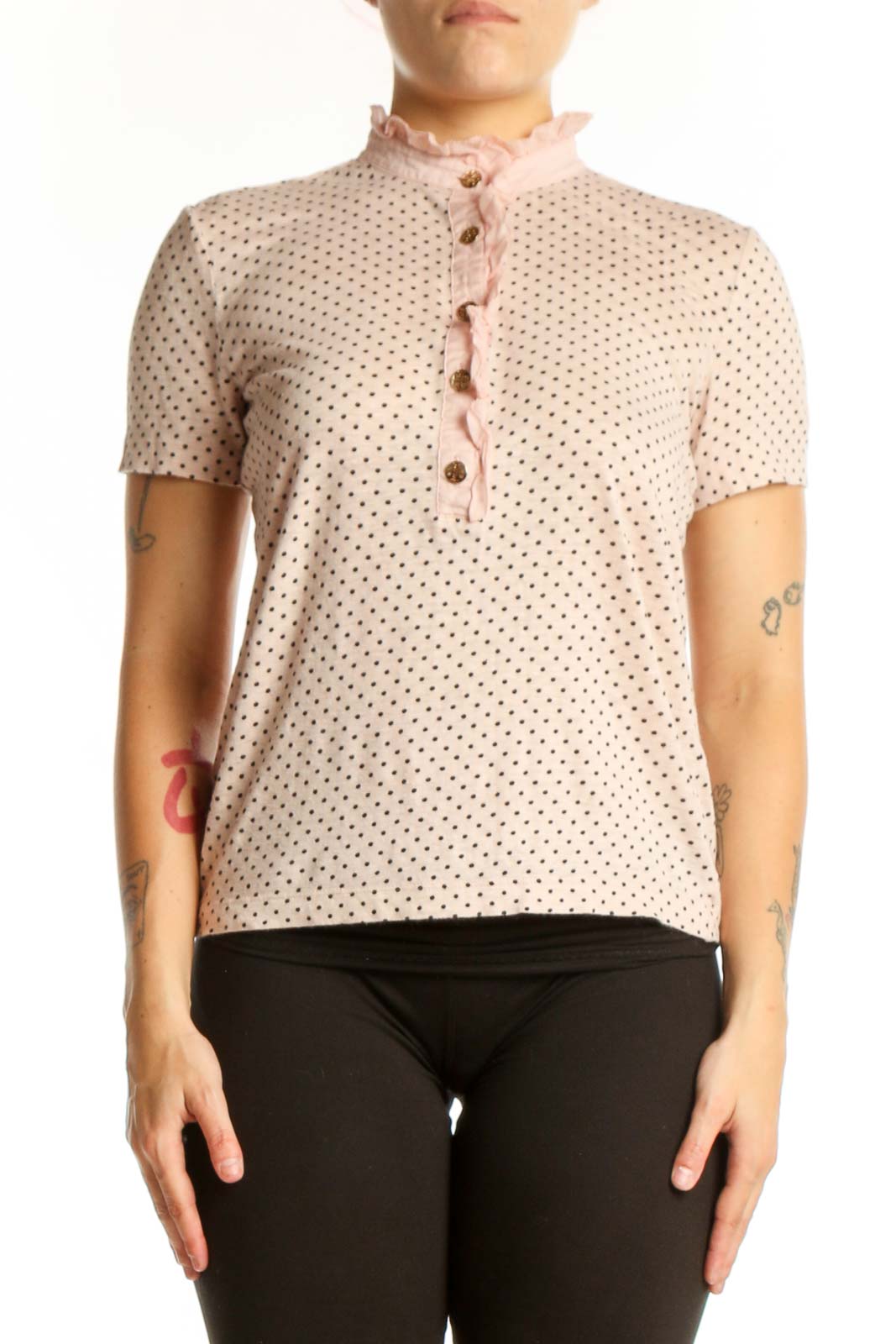 Tory Burch cream polka dot short sleeve top with navy dots and ruffled collar, front view
