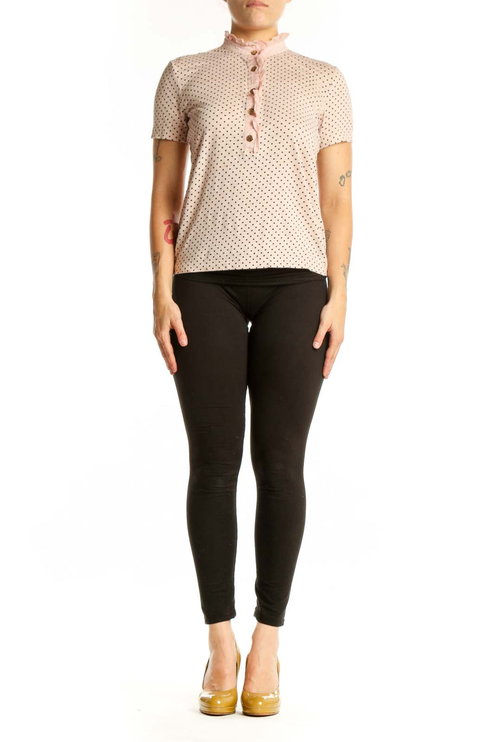 Tory Burch cream polka dot short sleeve top with navy dots and ruffled collar, front view