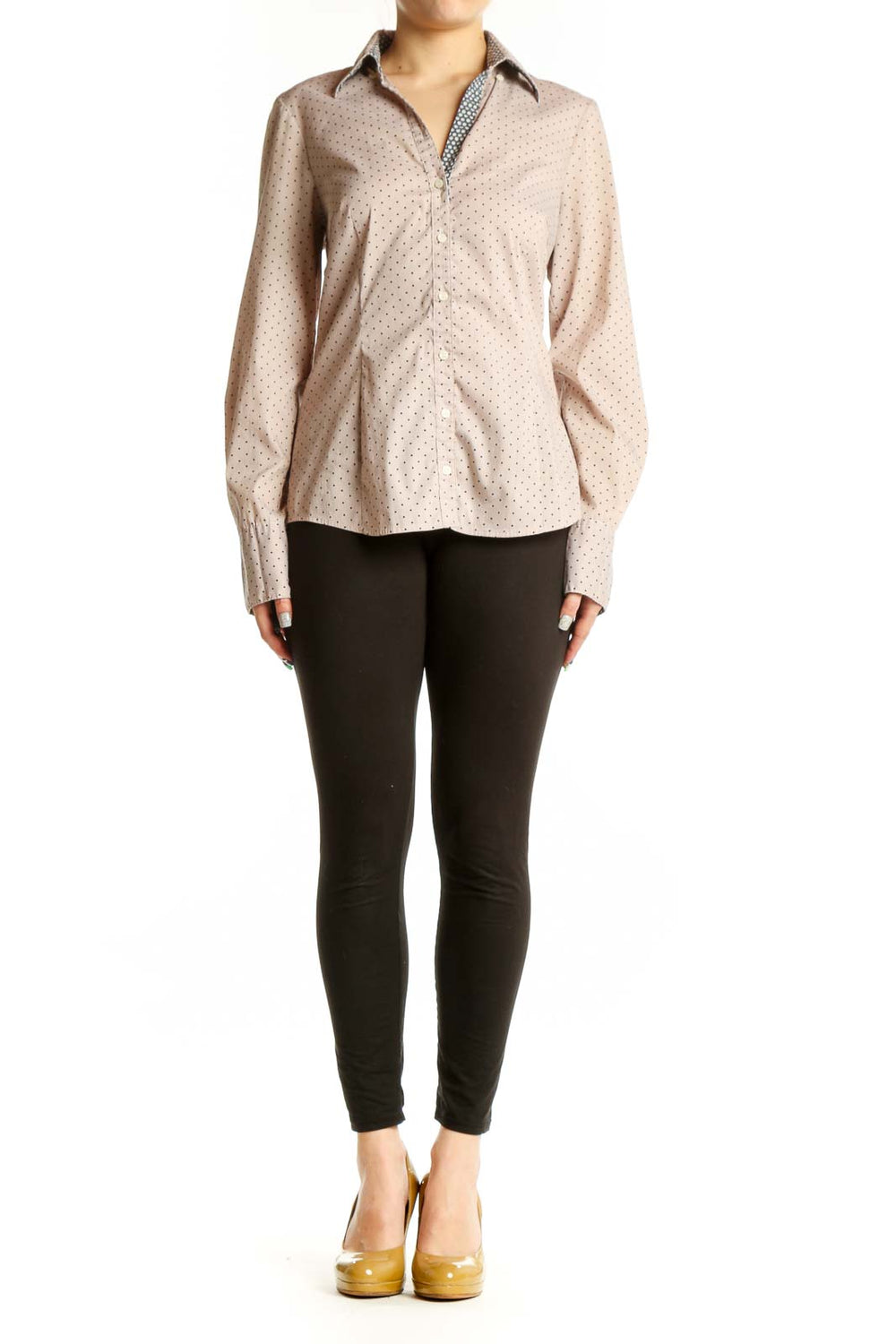 Beige polka dot button-up blouse with long sleeves and collared neckline, front view
