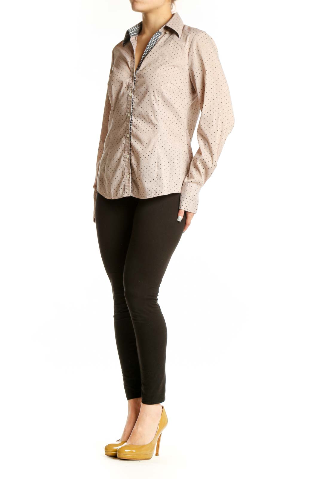 Beige polka dot button-up blouse with long sleeves and collared neckline, front view