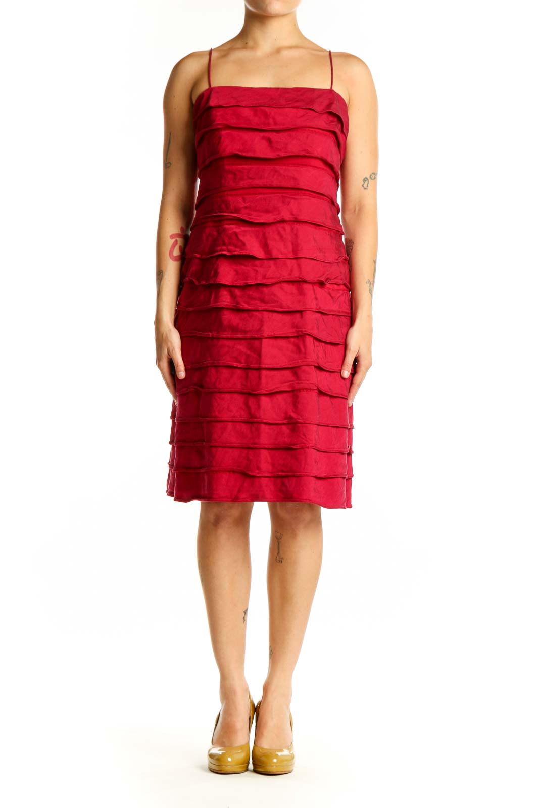 Red ruched midi cocktail dress with spaghetti straps, front view