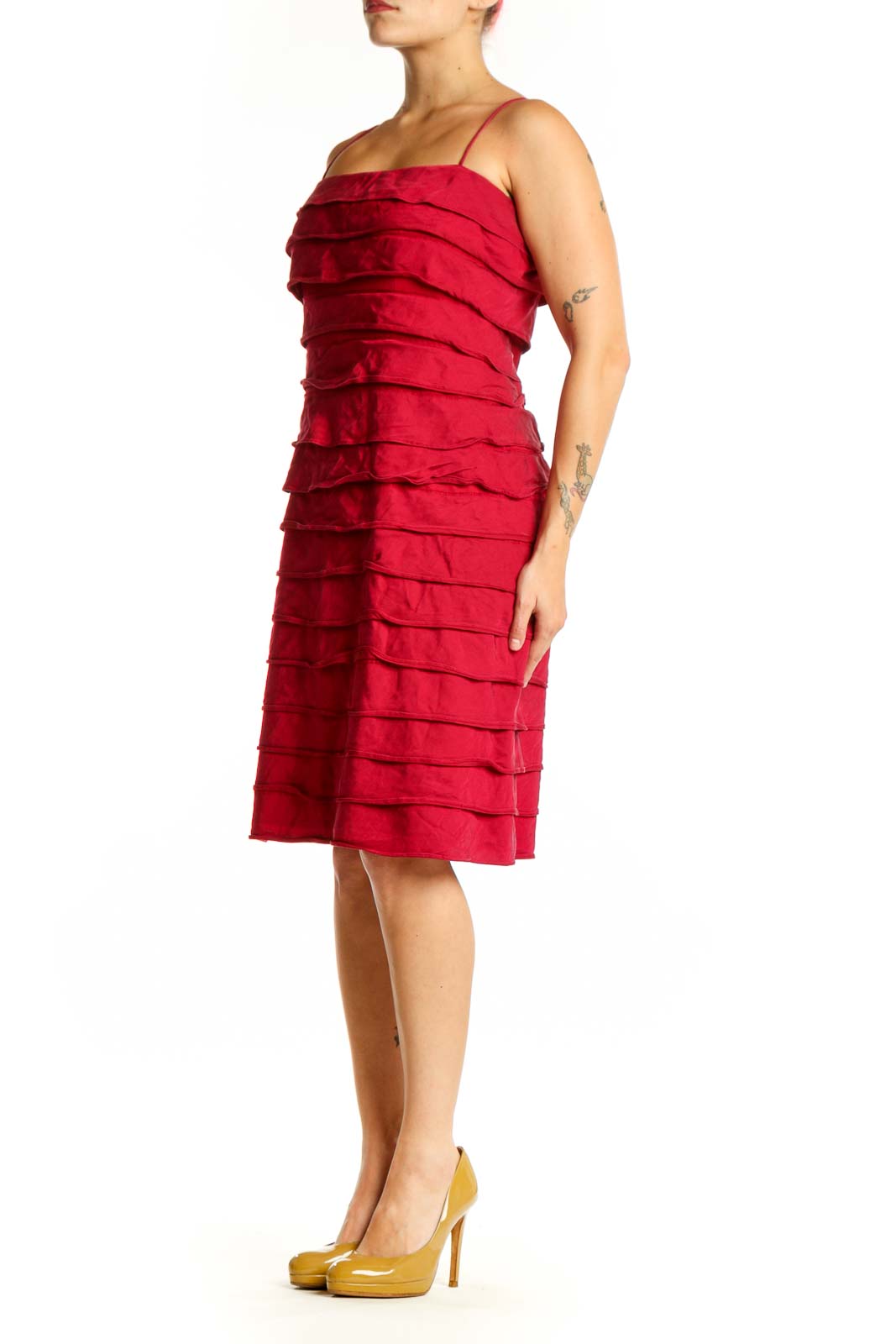Red ruched midi cocktail dress with spaghetti straps, front view