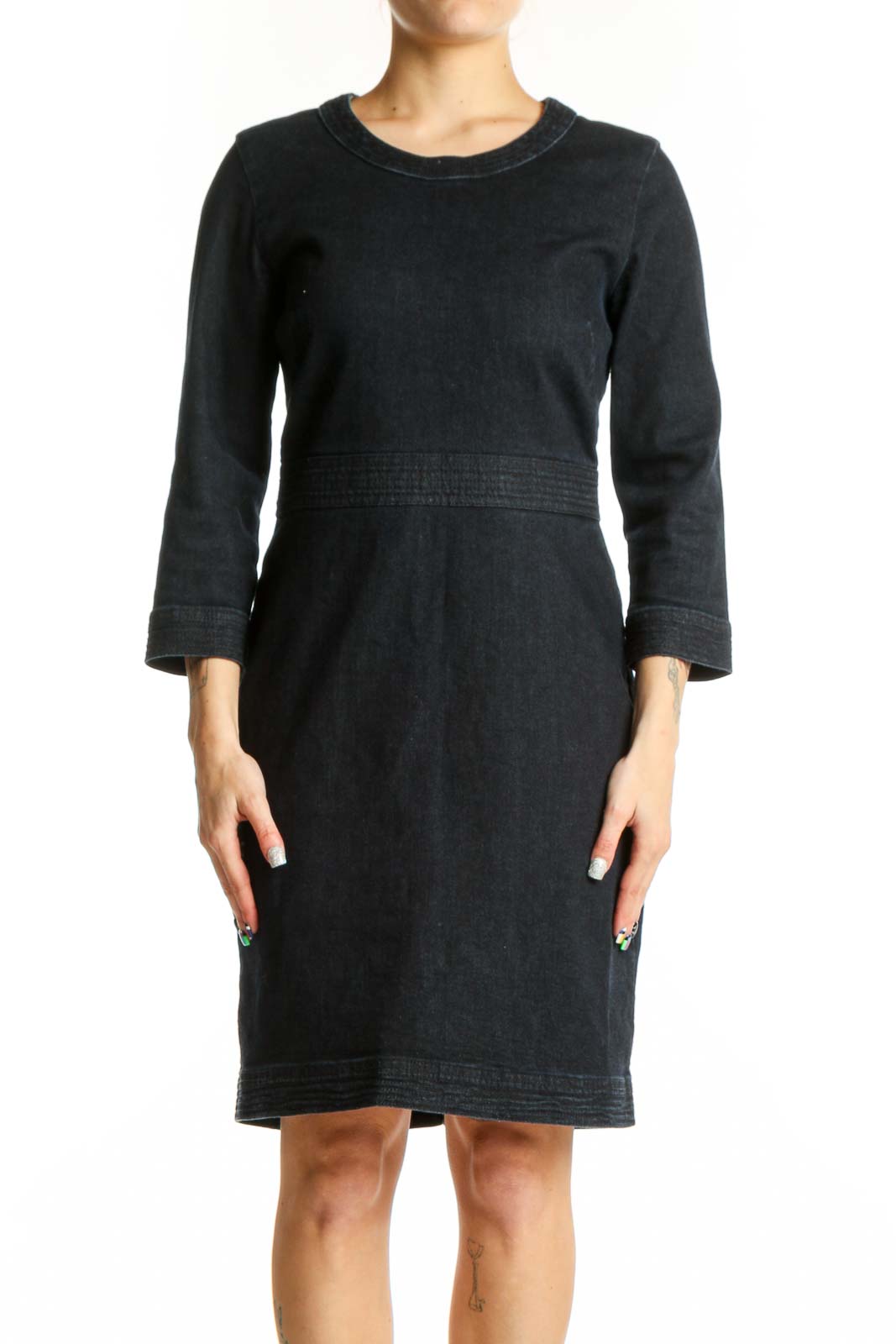 Black denim sheath dress with three-quarter sleeves and fitted waistband, front view